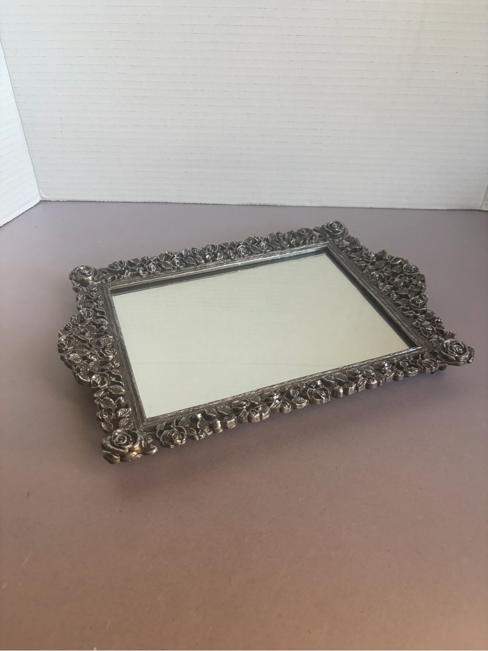 Ornate Decorative Mirror Tray in Antique Silver